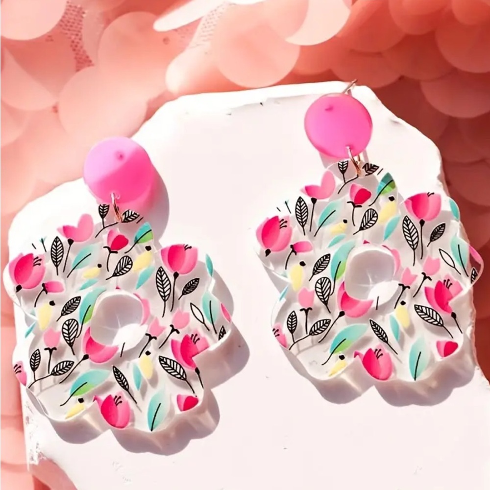 Pink Floral Drop Acrylic Earrings